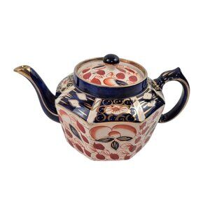 Arthur Wood Teapot England Art Deco Hand Painted Imari Style Cobalt Blue Red Gol